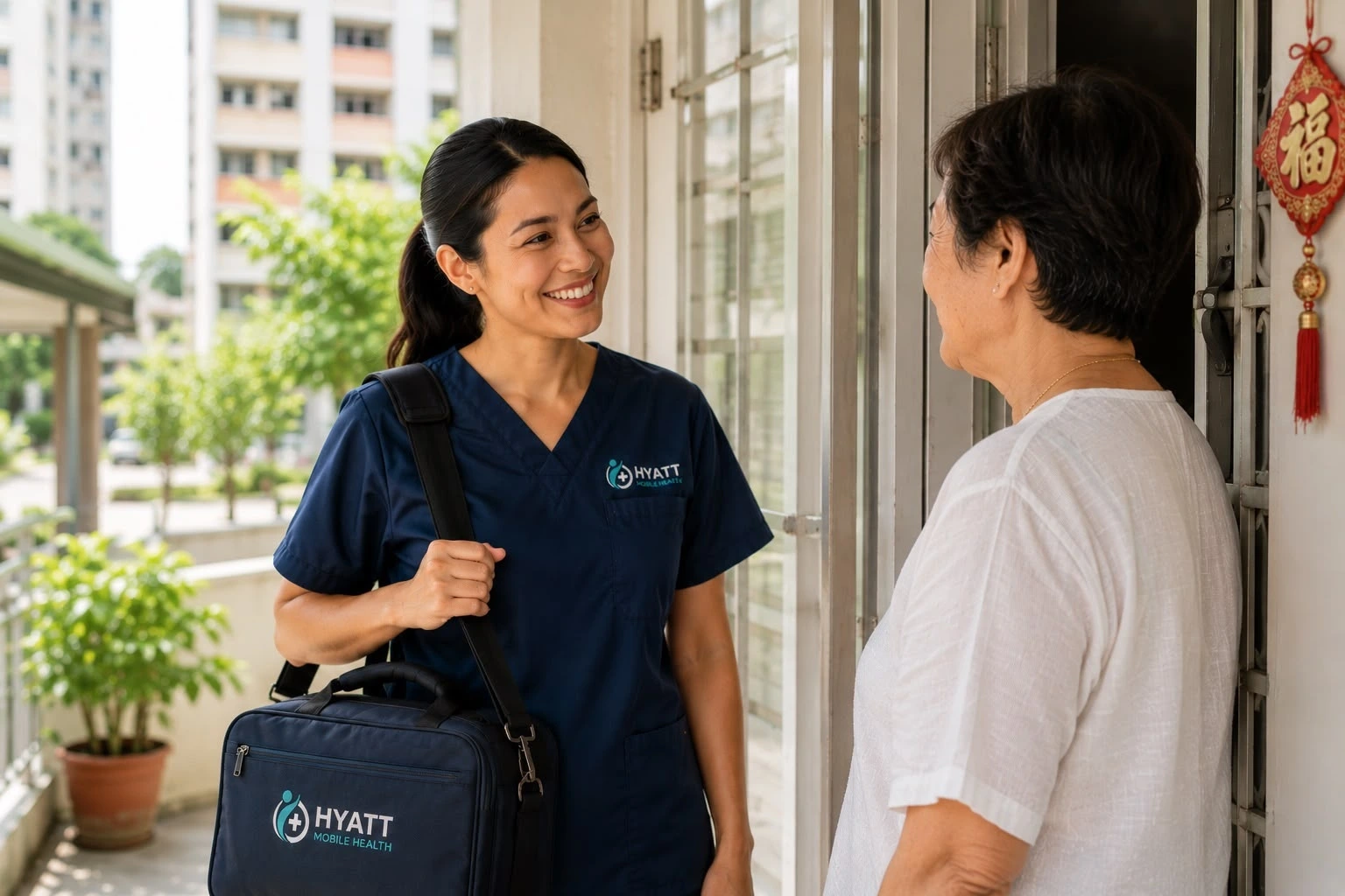 A HYATT nurse greeting a patient at her doorstep