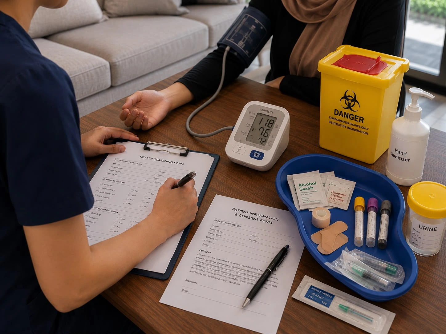 Home health screening kit laid out on a coffee table, with a blood pressure monitor in use